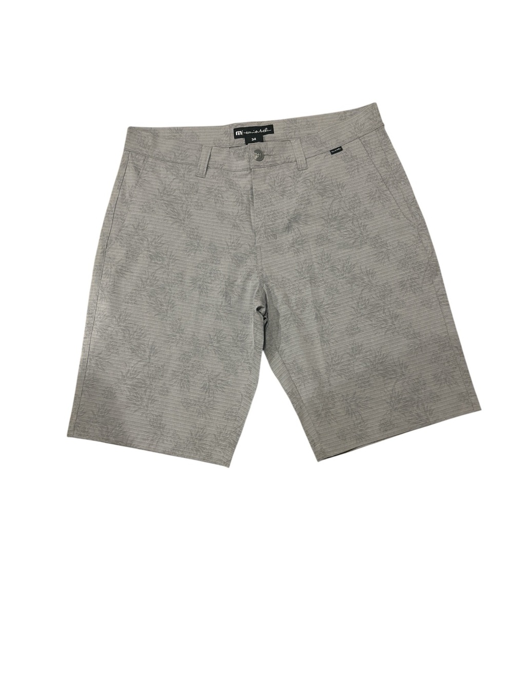 NWT Travis Mathew Gray Flat-Front Men's Shorts with light palm tree pattern